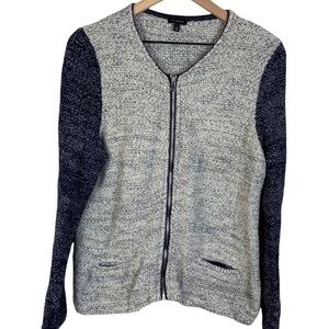 Talbots Gray and Black Tweed Full Zip Sweater Jacket Faux Leather Trim